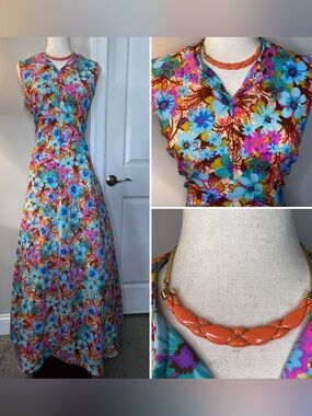 1970’s Vibrant Floral Sleeveless Maxi Dress - Turquoise & Pink
